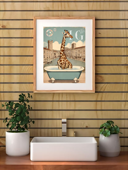 Funny bathroom wall decor with a cute giraffe in a bathtub