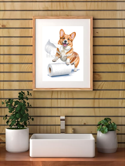 Humorous bathroom wall art with a cute Corgi in a toilet