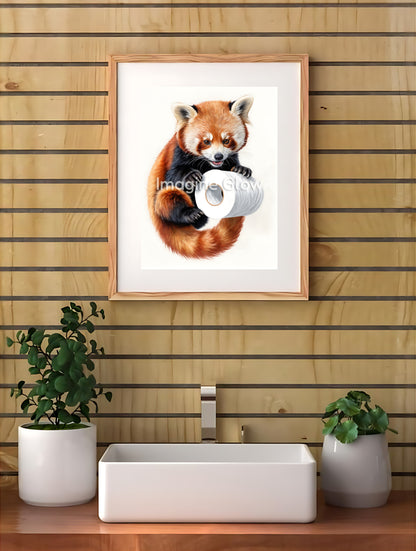 Humorous bathroom wall decor showcasing a playful red panda in a quirky toilet scene