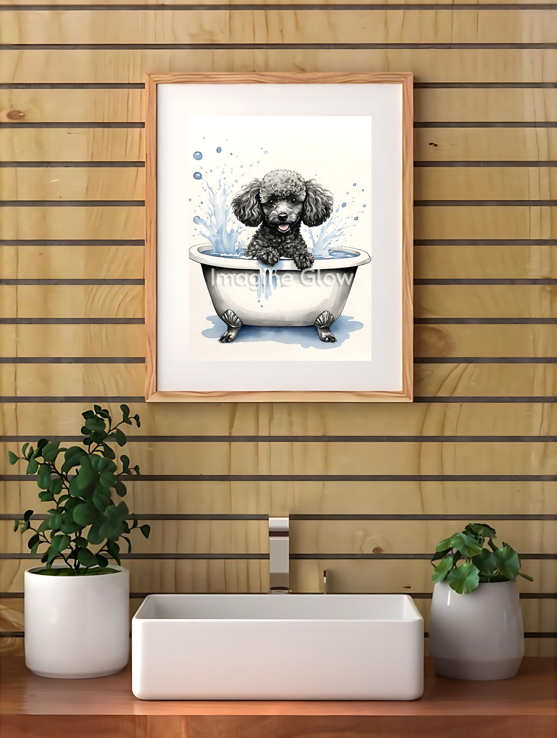 Cute poodle in bathtub illustration for printable bathroom decor