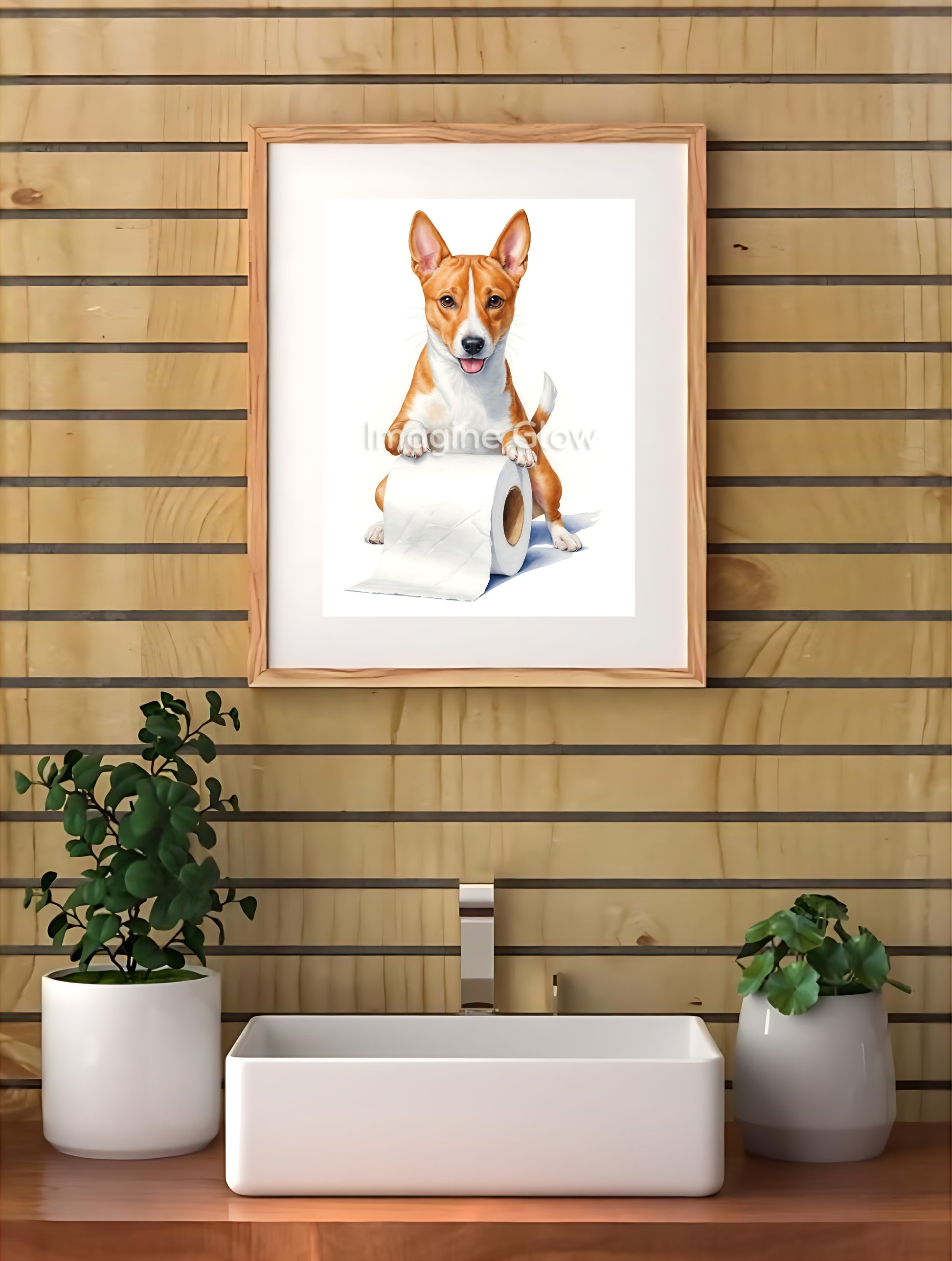 Humorous bathroom wall art featuring a Basenji in a quirky toilet scene