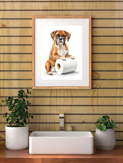 Humorous Boxer dog in toilet design for quirky bathroom decor.