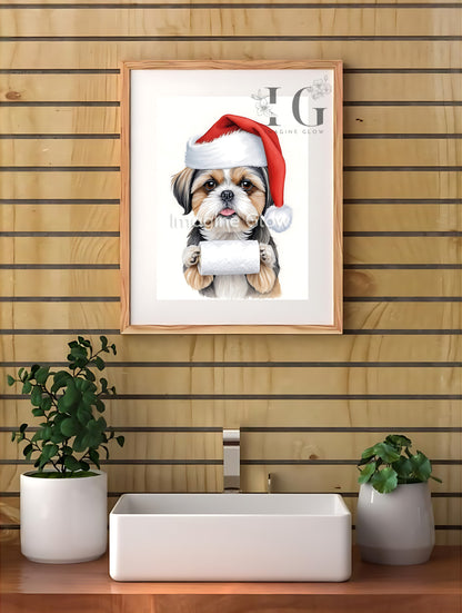 Playful holiday decor featuring a Shih Tzu dog in a toilet, available as printable art.