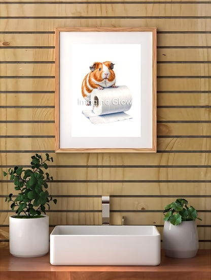 unny bathroom wall art featuring a cute guinea pig on a toilet