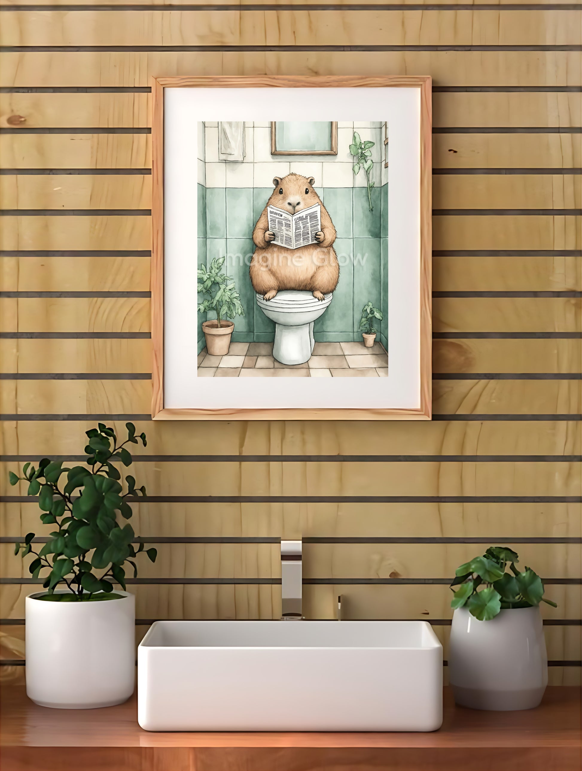 Fun Capybaras reading in toilet illustration, perfect for a unique and lighthearted bathroom ambiance.