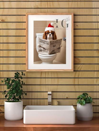 Printable festive wall art with a Cavalier King Charles Spaniel in a funny pose.