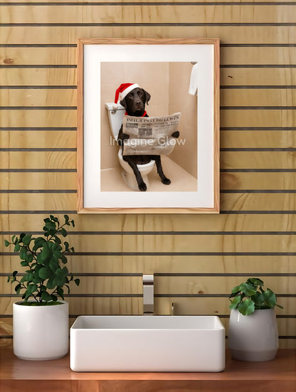 Festive holiday decor featuring a Labrador Retriever dog in a toilet, available as printable wall art.