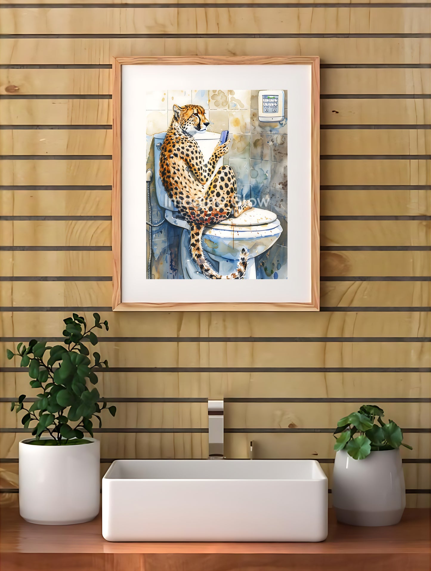 layful cheetah in toilet artwork, perfect for quirky bathroom decor