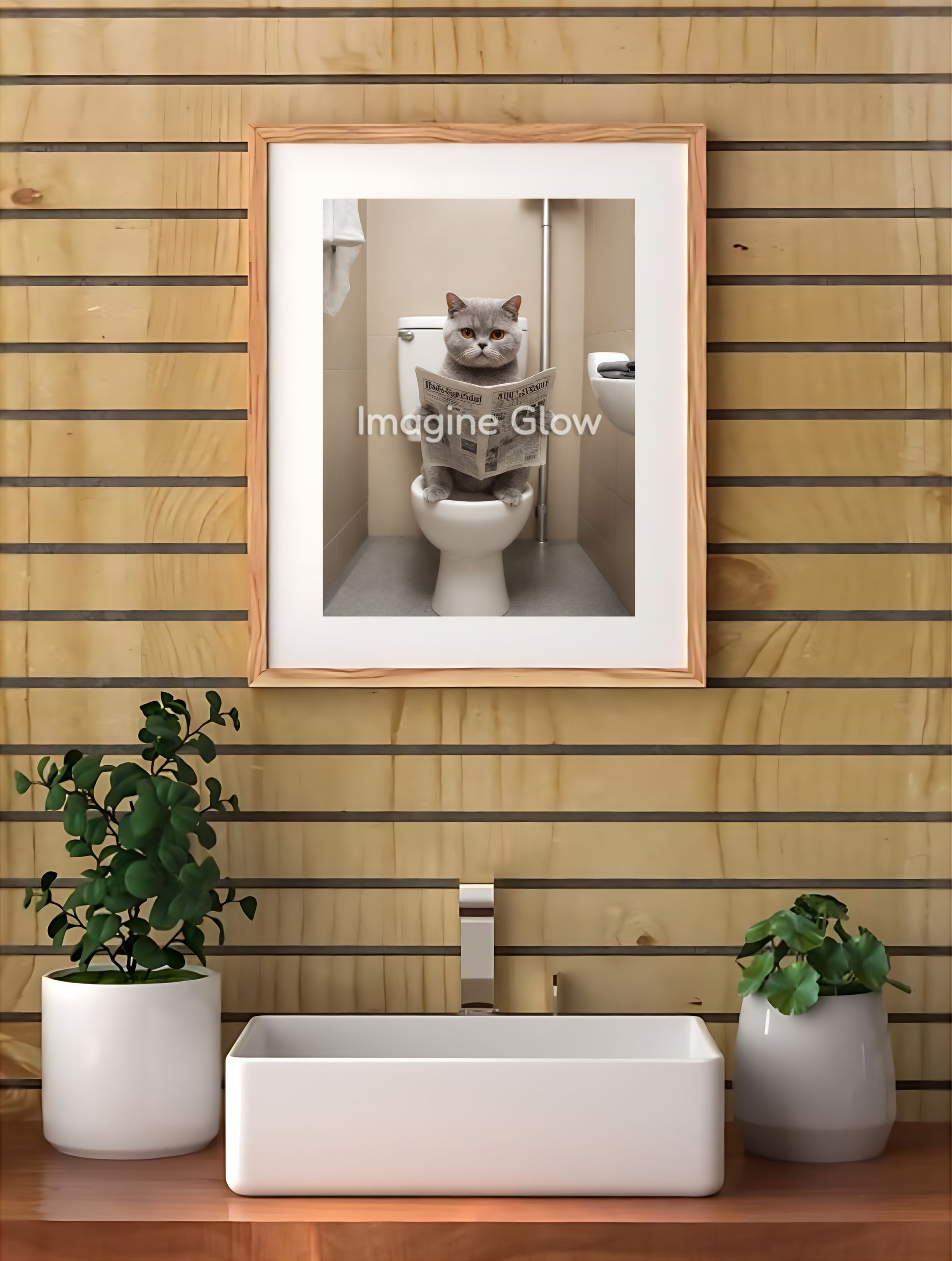 Printable wall decor showing a British Shorthair cat in a humorous bathroom scene.