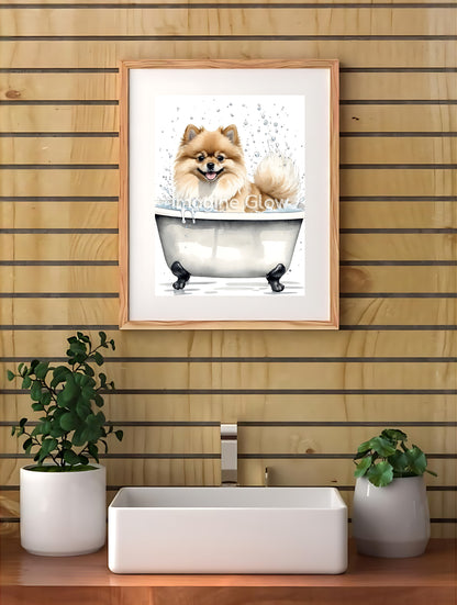 Humorous bathroom wall decor showcasing a Pomeranian enjoying a bubbly bath