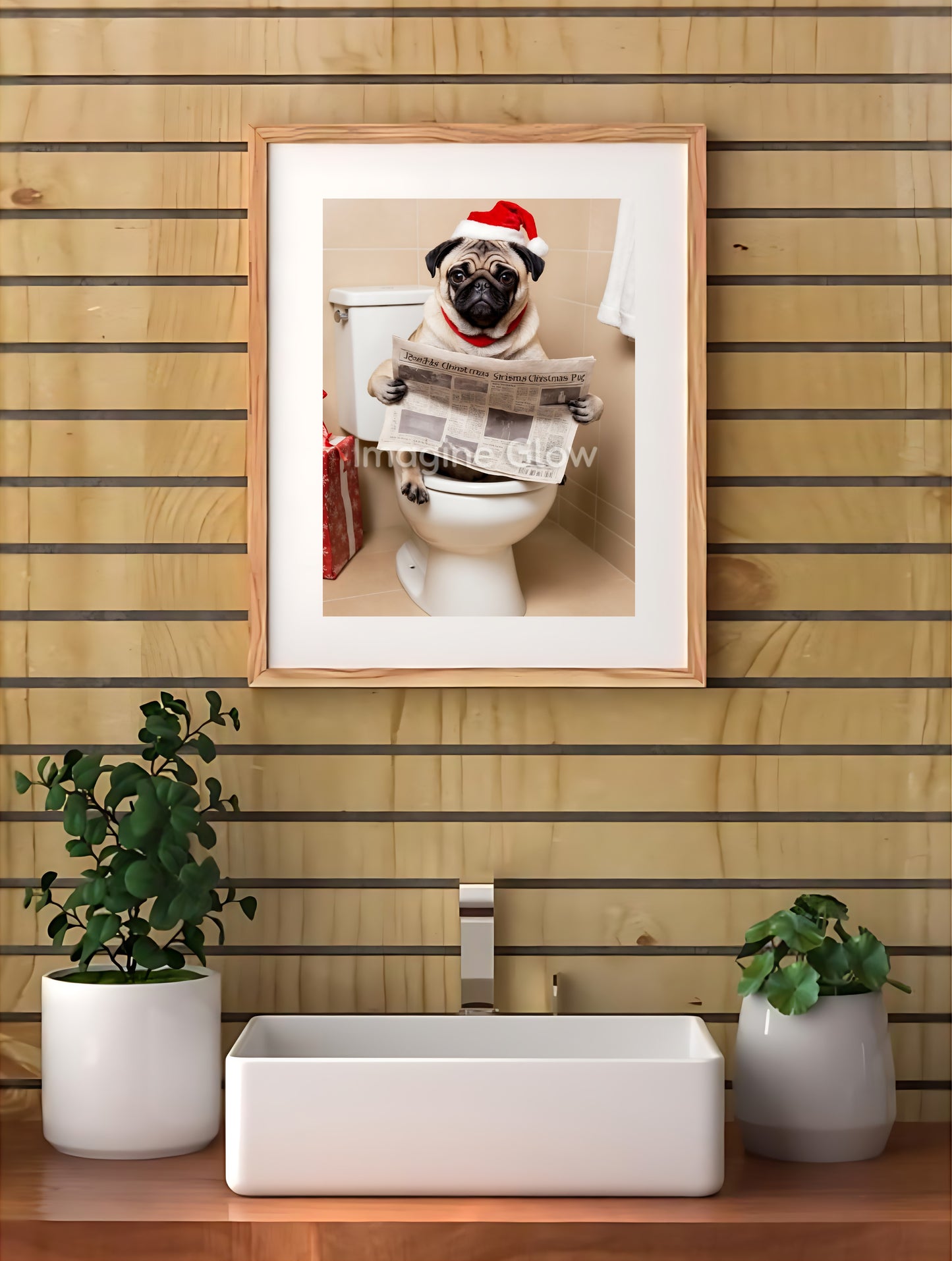 Holiday decor featuring a Pug dog in a toilet, available as printable wall art.