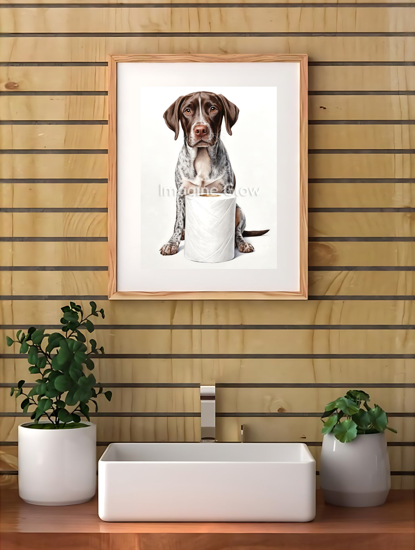 Humorous bathroom wall art featuring a German Shorthaired Pointer in a quirky toilet scene