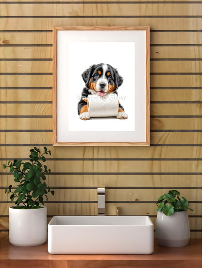 Humorous Bernese Mountain Dog in toilet design for quirky bathroom decor.