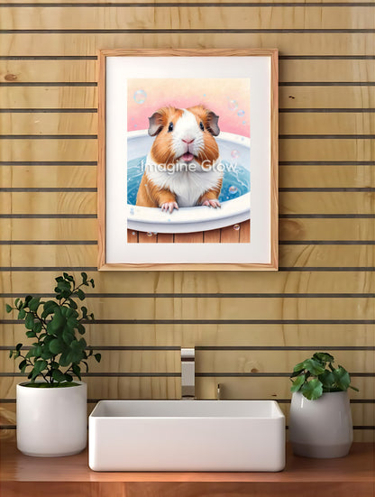 Adorable bathroom wall art with a guinea pig relaxing in a bubble bath