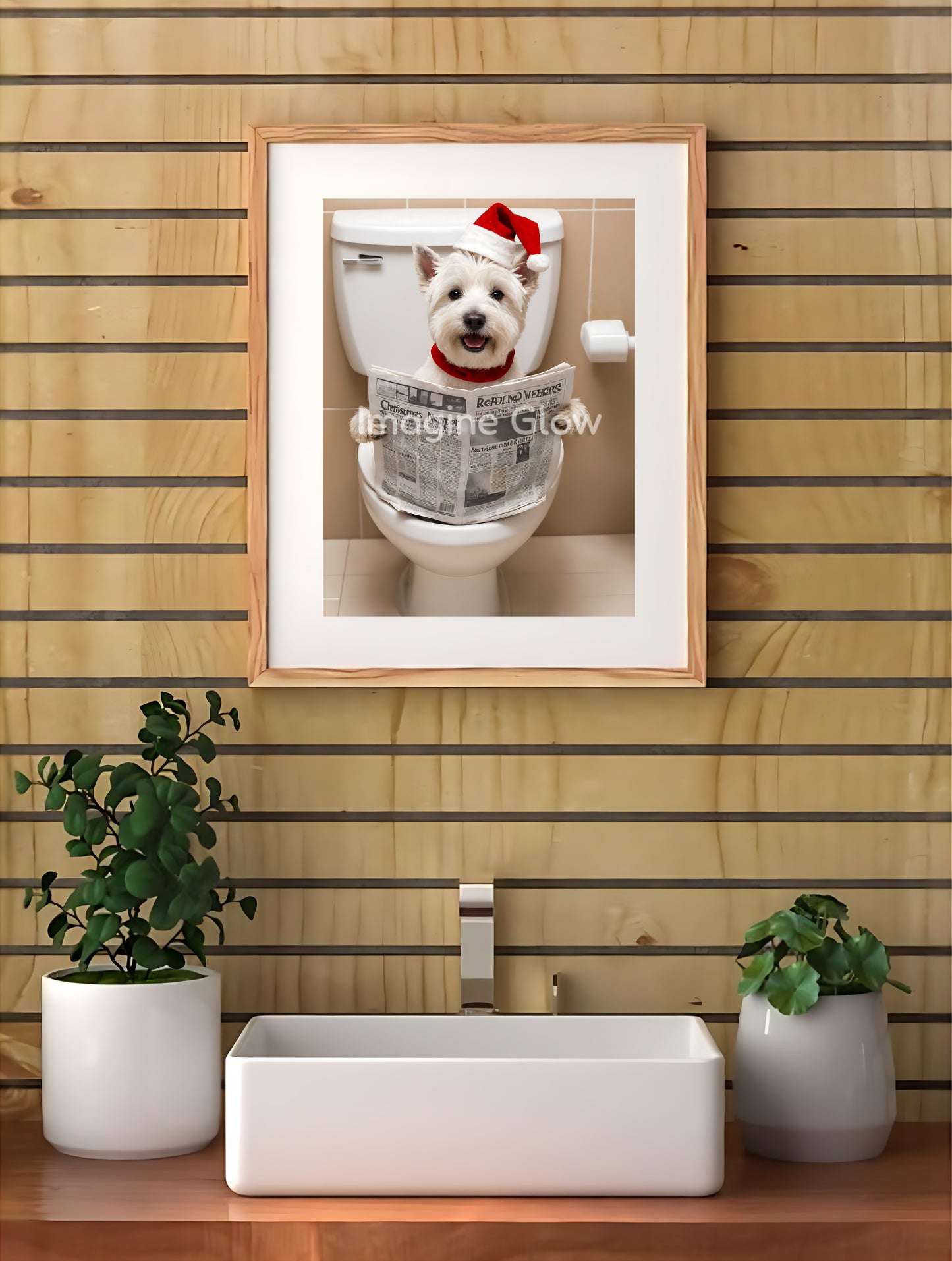 Bathroom Christmas Art - West Highland White Terrier in Toilet - Printable Art