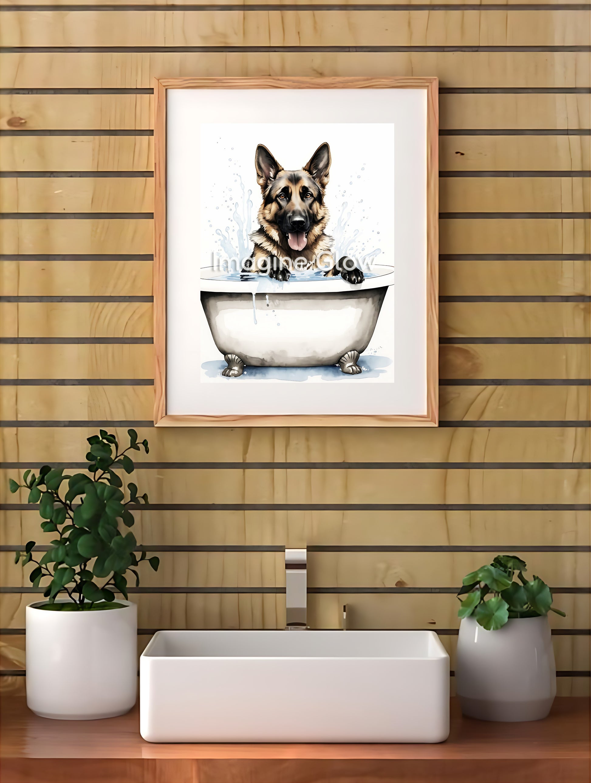 Funny bathroom wall art featuring a German Shepherd relaxing in a tub