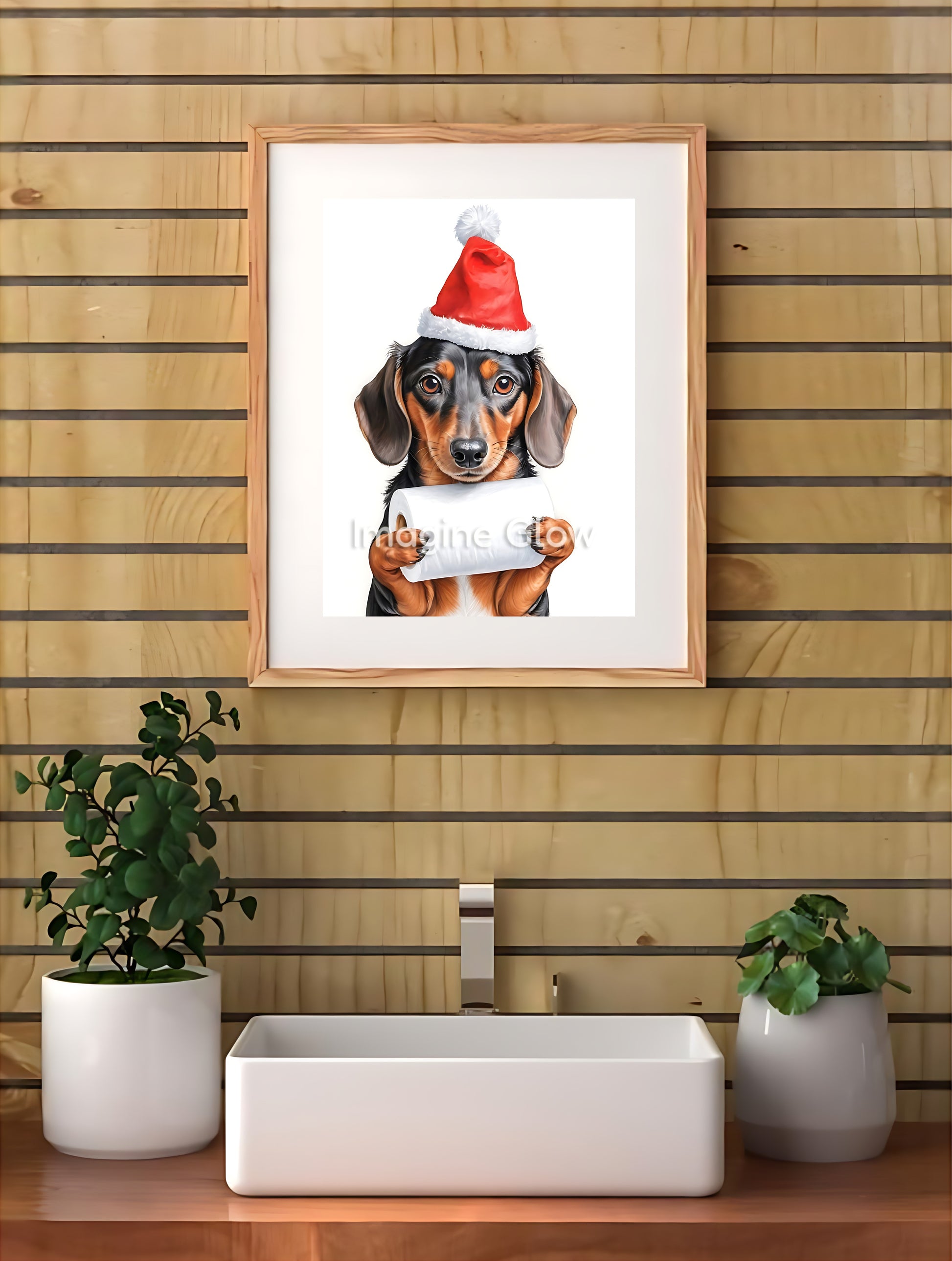 Playful holiday decor featuring a Dachshund in a toilet, available as printable art.