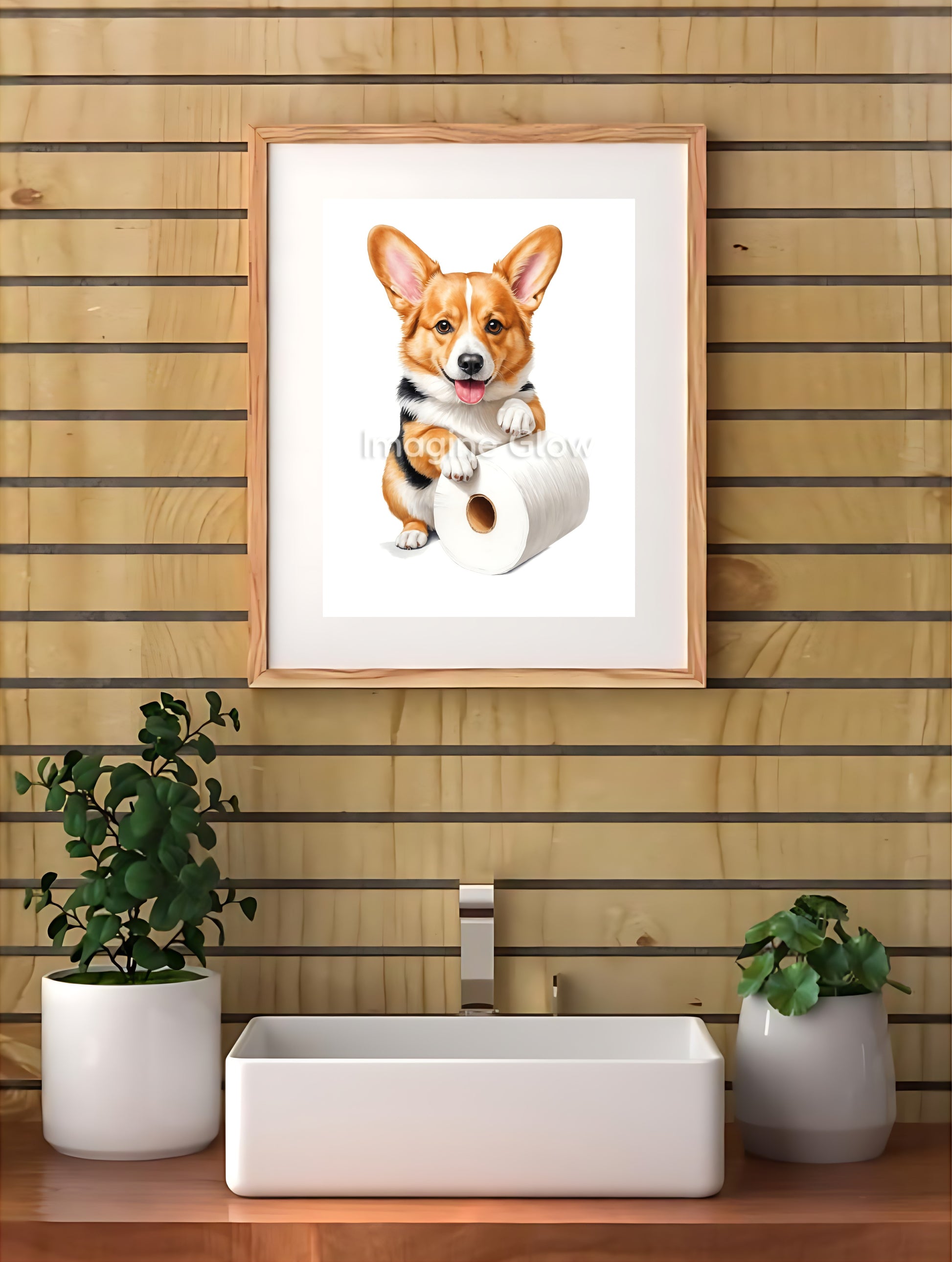 Humorous bathroom wall art featuring a Welsh Corgi in a quirky toilet scene