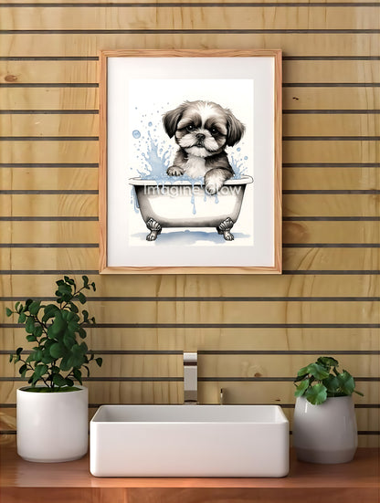 Humorous bathroom wall art with a cute Shih Tzu in a toilet