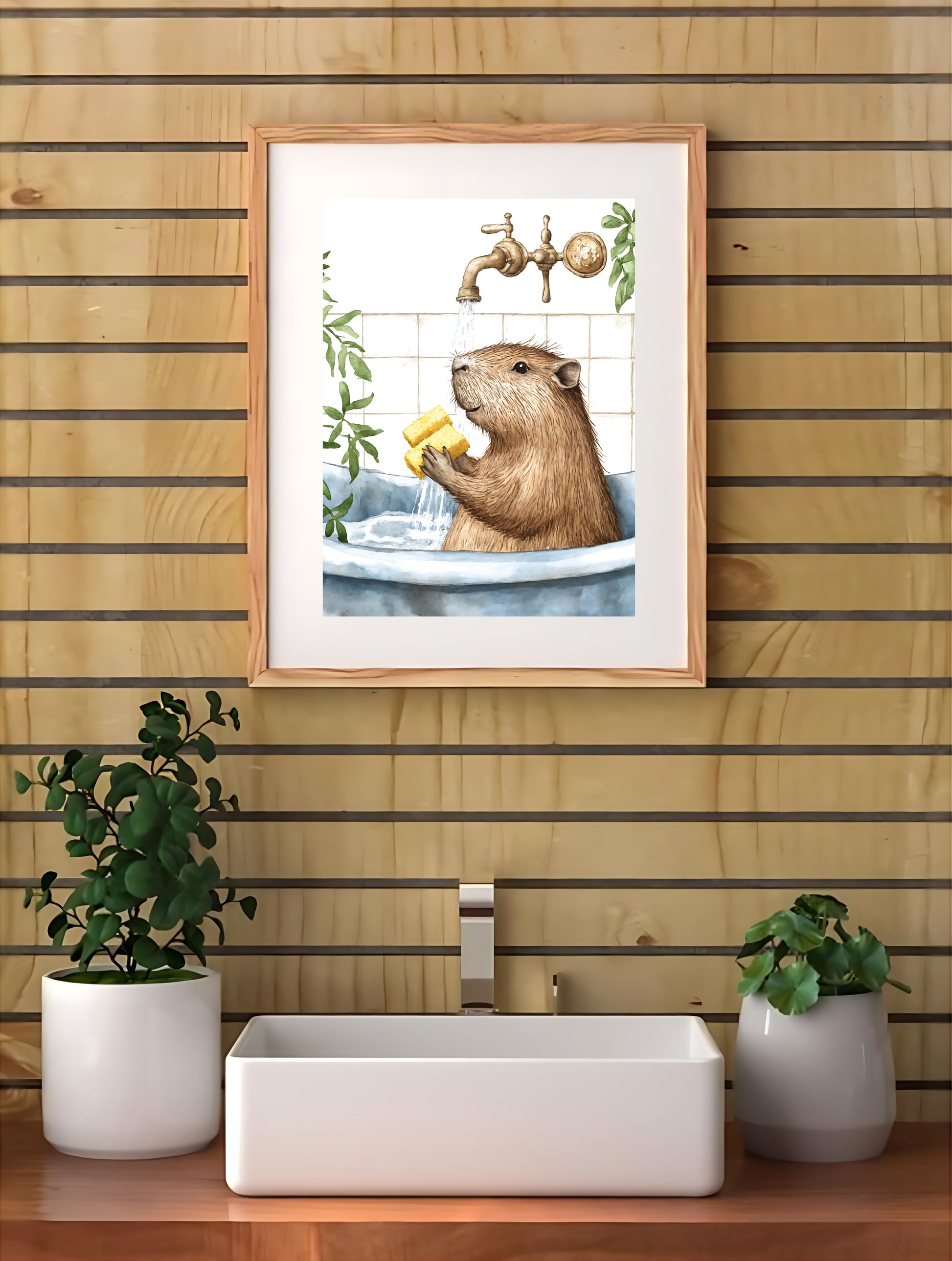 un Capybaras in bathtub print designed to bring a lighthearted vibe to your bathroom.