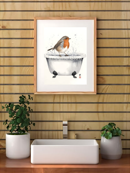 Restroom decor with robin in bathtub illustration, printable art.
Funny robin artwork for bathroom decor, digital download.