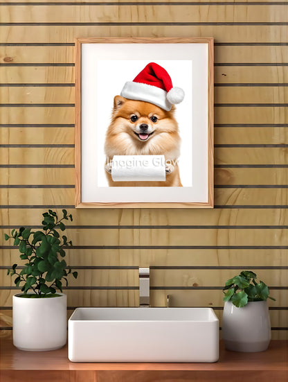 Festive holiday decor featuring a Pomeranian in a toilet, available as printable art.