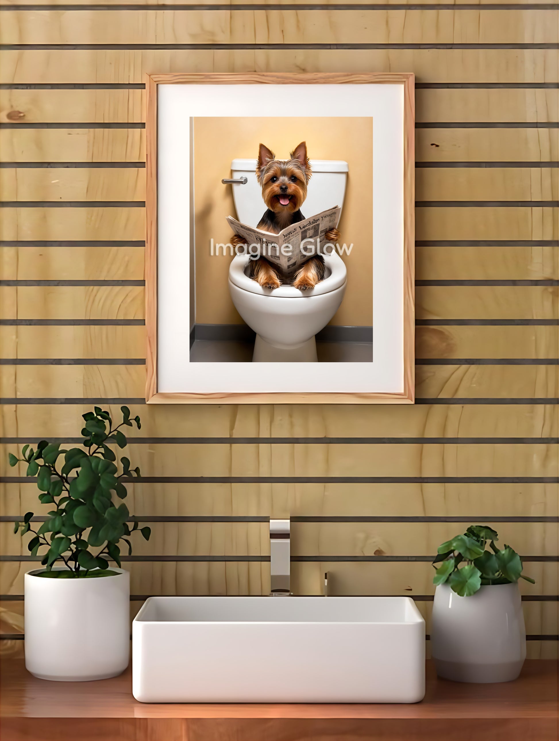 Funny bathroom wall art showcasing a cute Yorkshire Terrier in a toilet