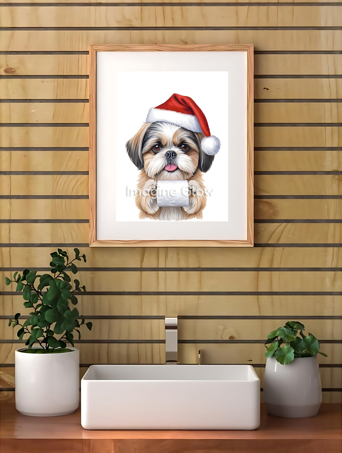 Fun holiday decor featuring a Shih Tzu dog in a toilet, available as printable art.