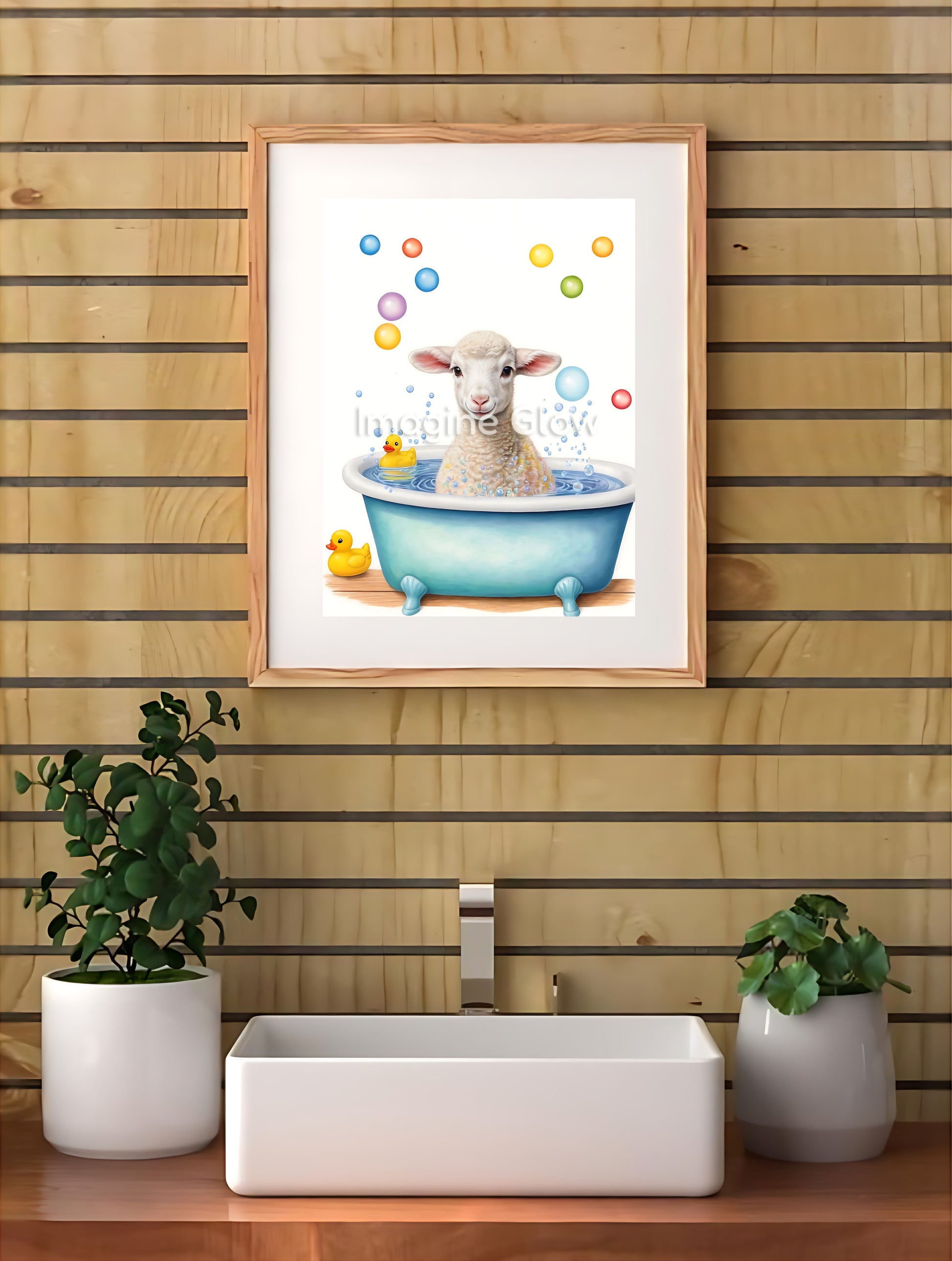 Bathroom wall art featuring an adorable lamb in a bubbly bathtub