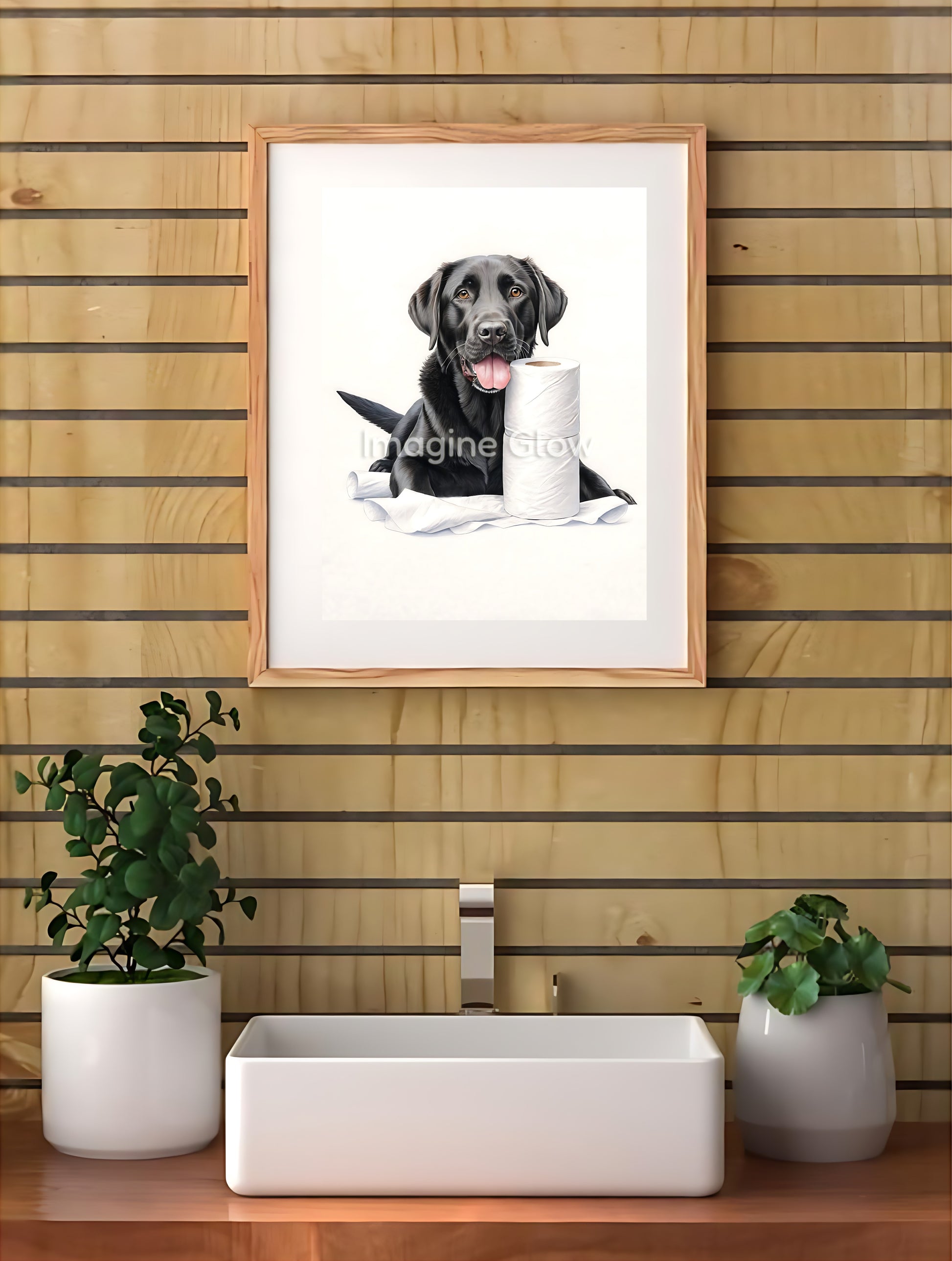 Humorous bathroom wall art featuring a Labrador Retriever in a toilet