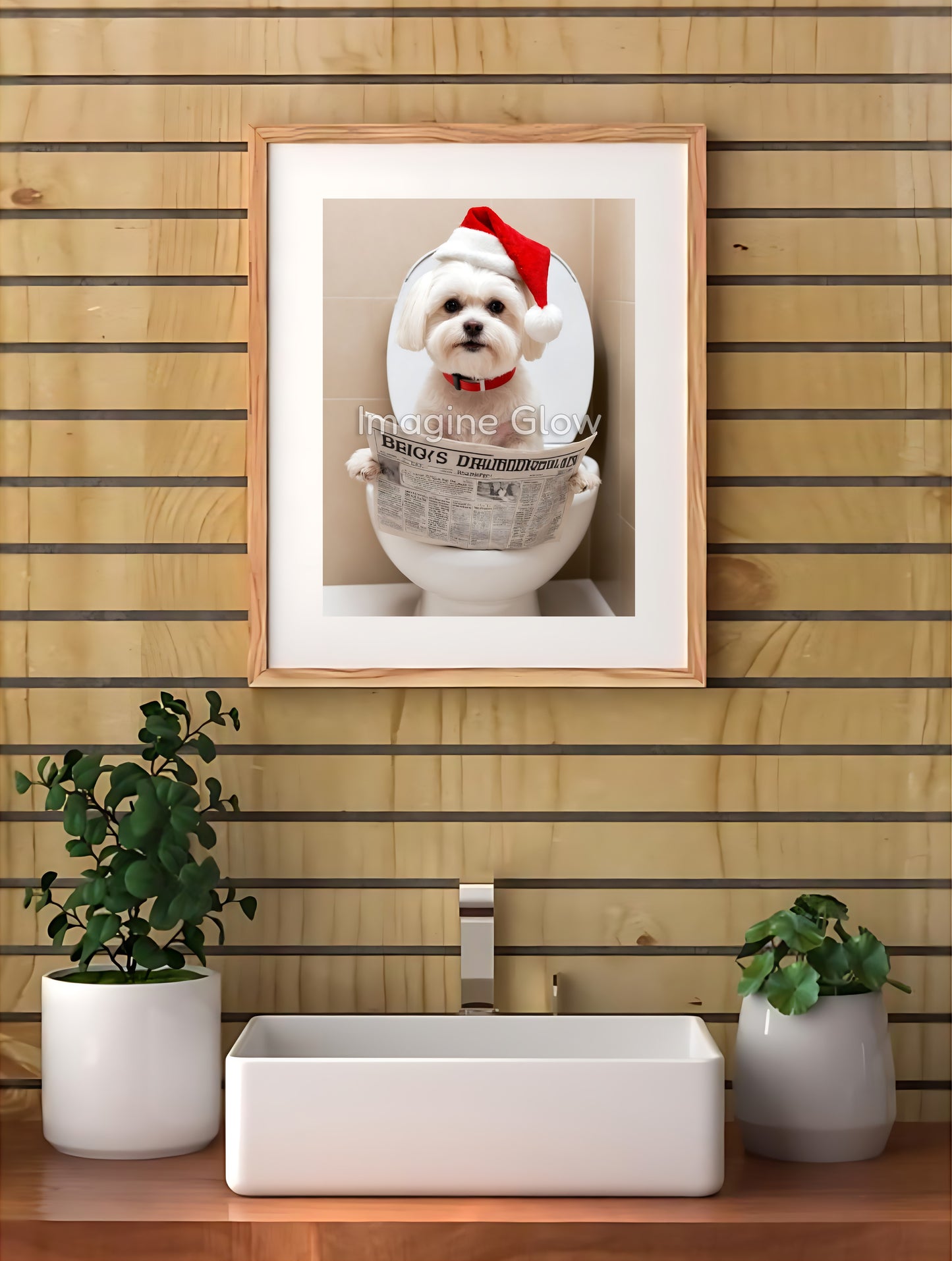 Bathroom Christmas Print - Maltese Dog in Toilet