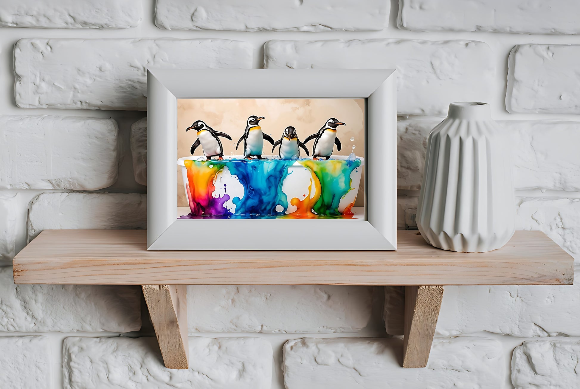 Humorous bathroom wall art showcasing playful penguins enjoying a bubbly bath