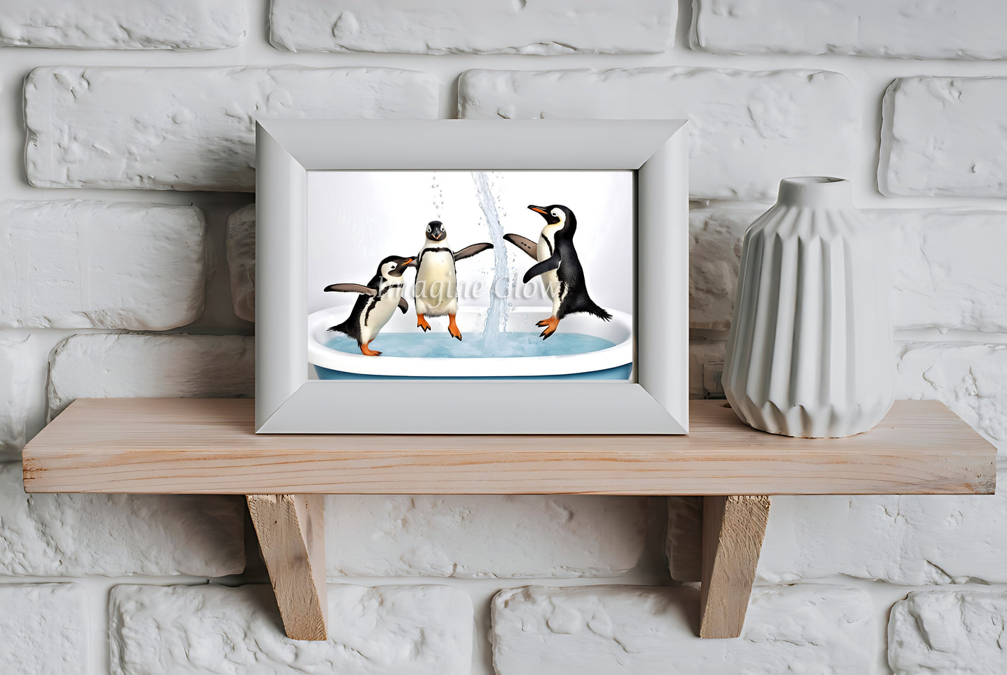 Humorous bathroom wall art showcasing adorable penguins enjoying a bubbly bath