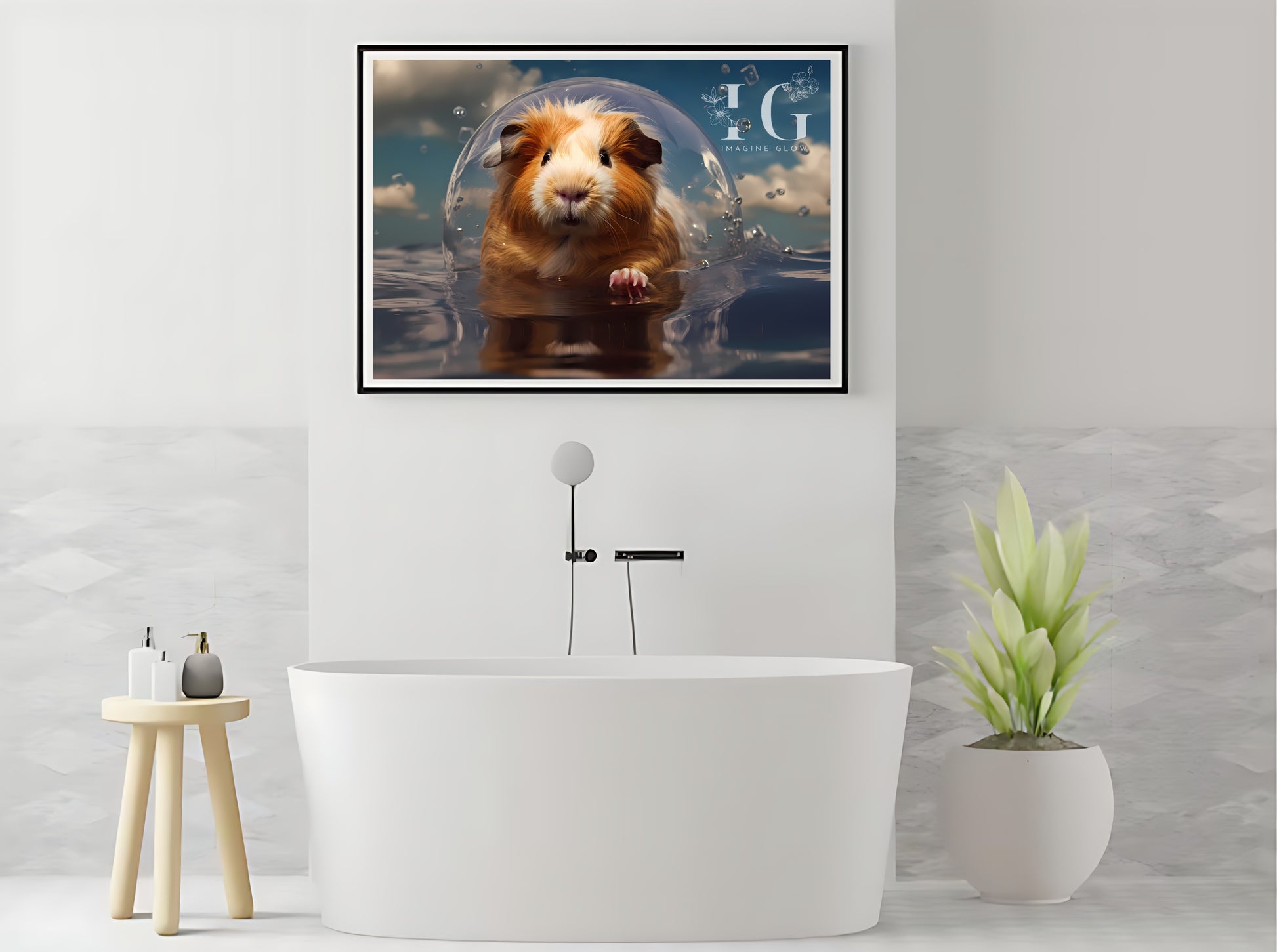 Humorous bathroom wall art showcasing a playful guinea pig in a bubbly bath