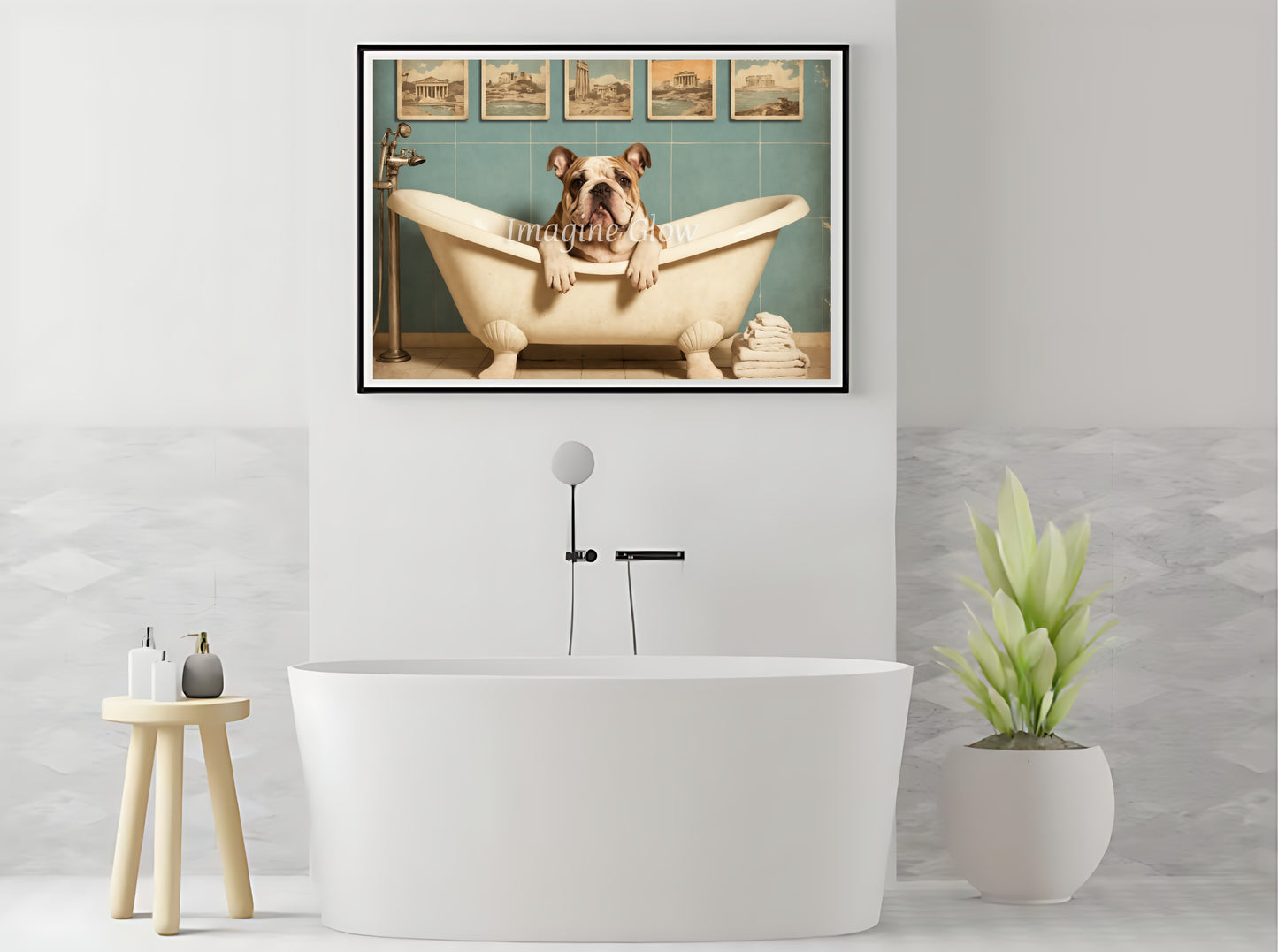 Humorous Bulldog design in a bathtub, ideal for playful bathroom decor.