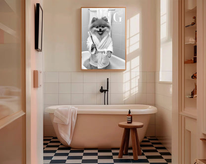 Whimsical wall decor with a Pomeranian in a bathrobe for bathrooms