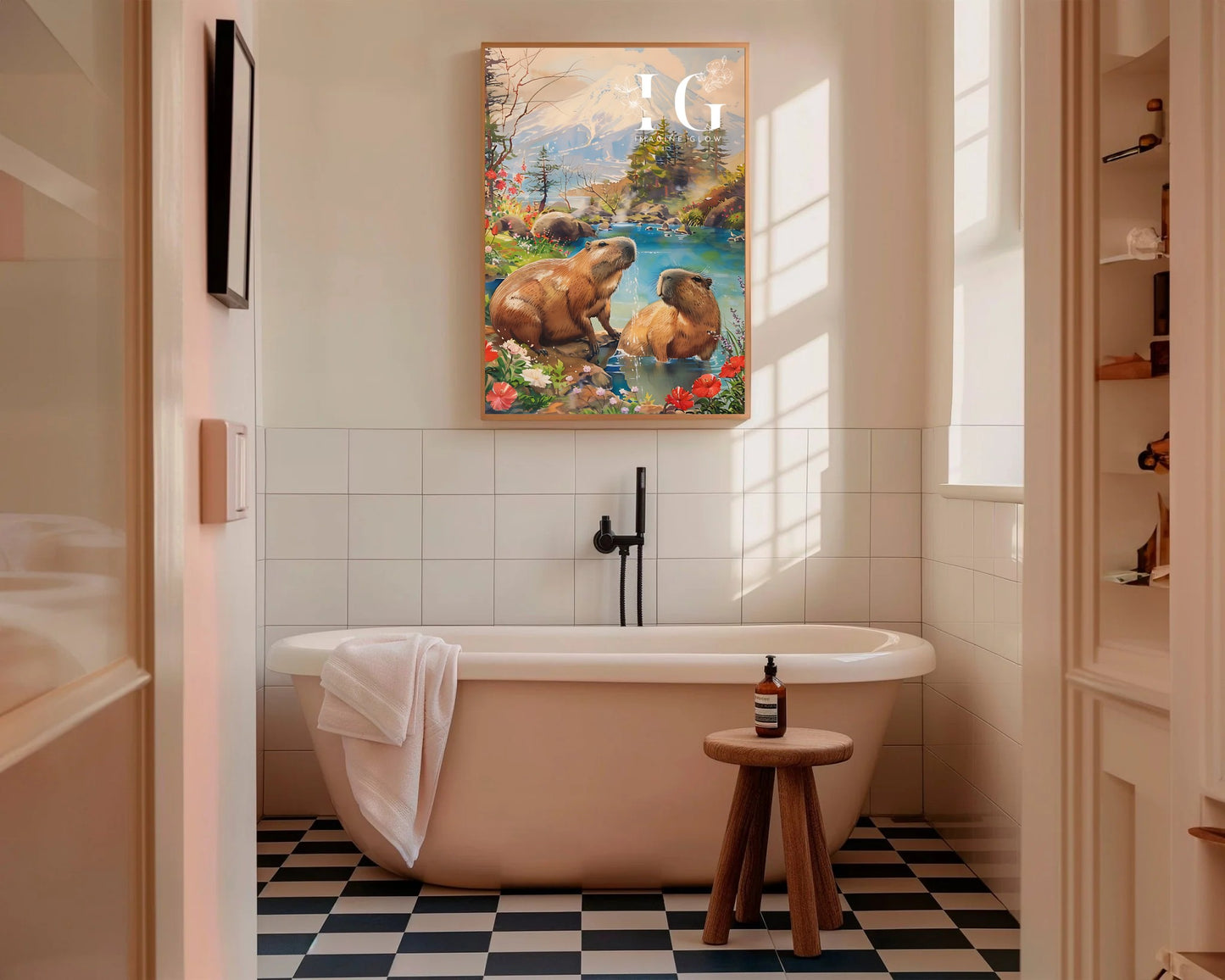 Printable bathroom wall art featuring Capybaras in an onsen for a culturally rich and whimsical element.