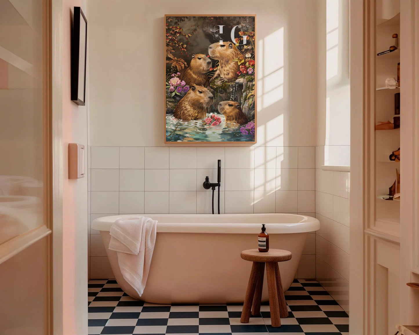 Printable Capybaras in onsen artwork designed to introduce a calming and whimsical Japanese element to your bathroom.