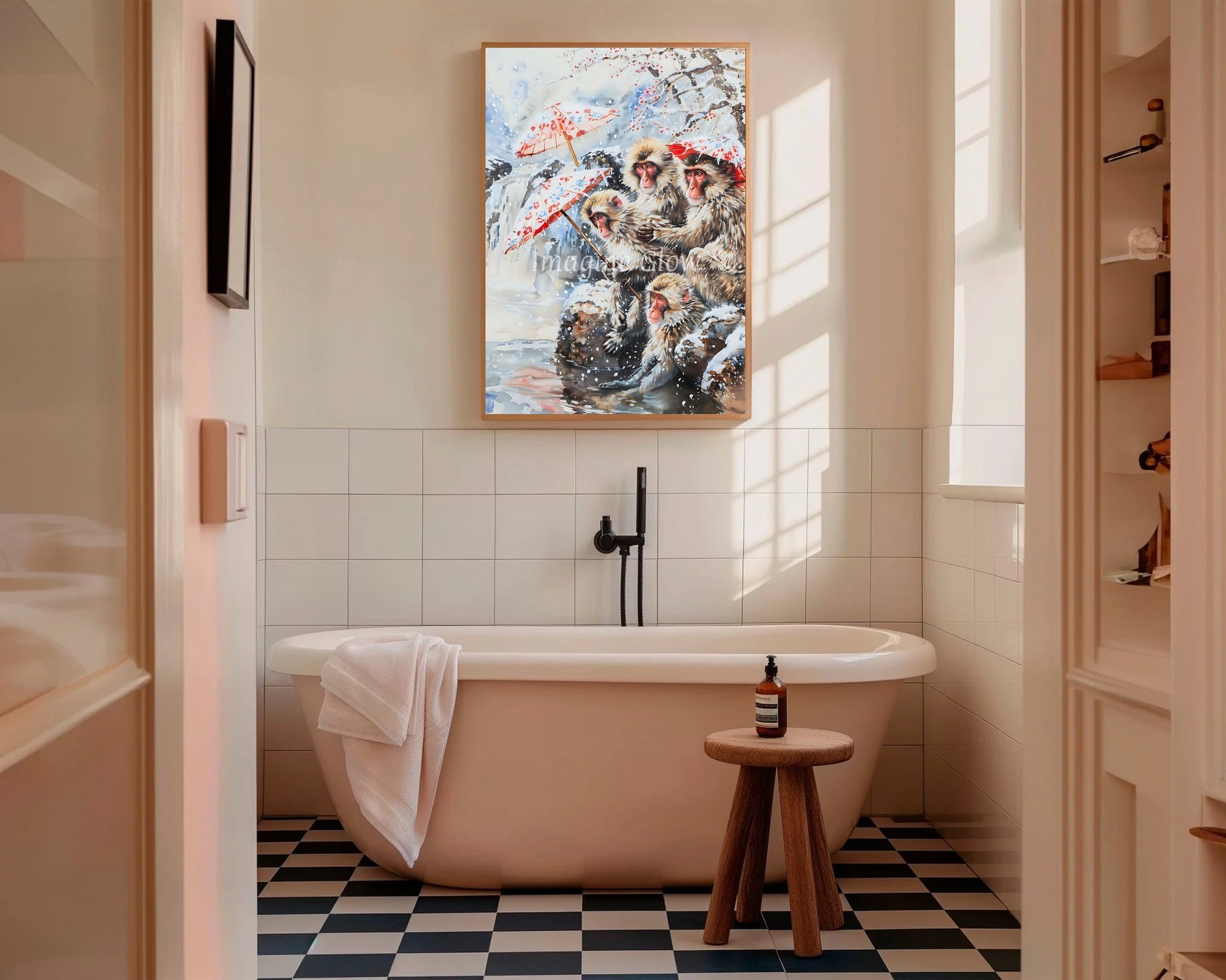 Japanese-themed bathroom decor featuring a monkey in a hot spring