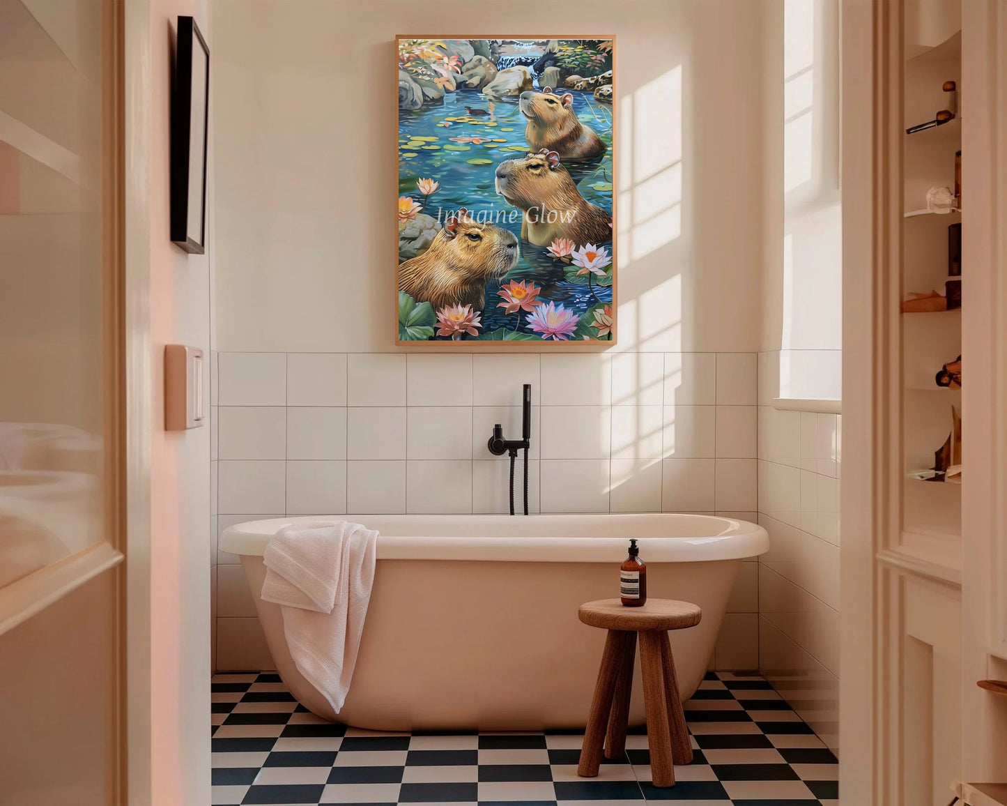 Printable Capybaras in onsen art designed to bring a calming and whimsical Japanese element to your bathroom.