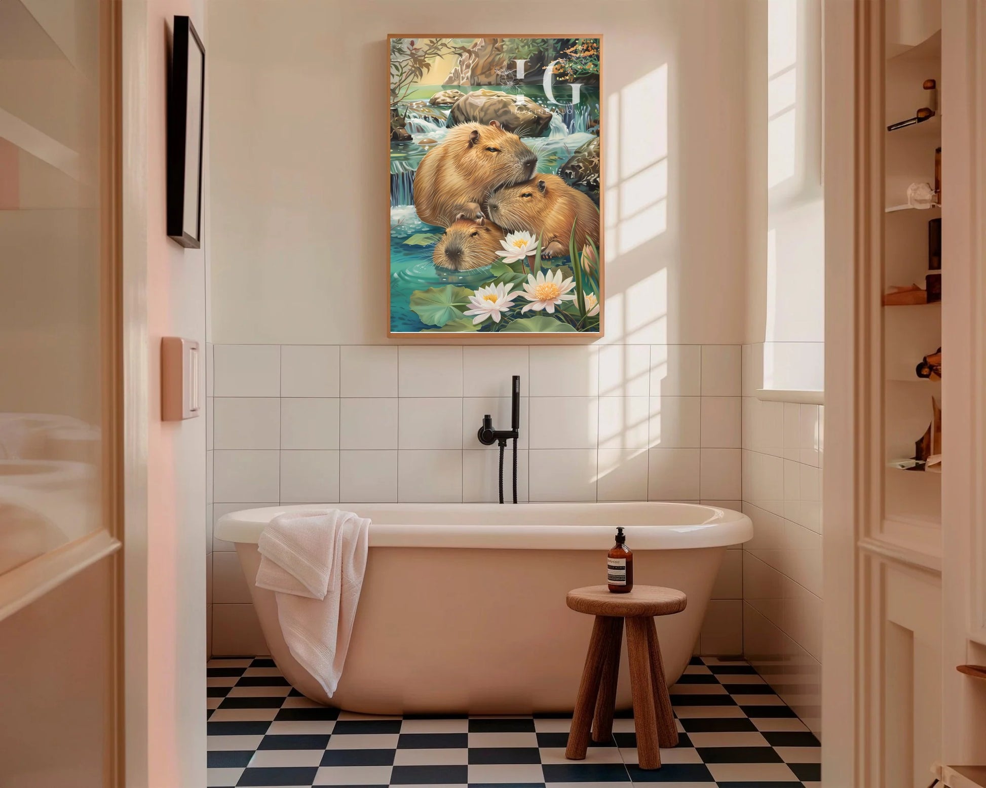 Capybaras in an onsen illustration, perfect for unique and playful bathroom wall decor.