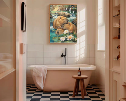 Capybaras in an onsen illustration, perfect for unique and playful bathroom wall decor.