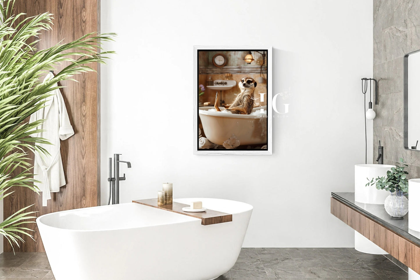 Fun printable wall art of a meerkat enjoying a bath