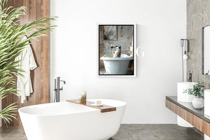 Playful bathroom wall decor with a meerkat enjoying a bath