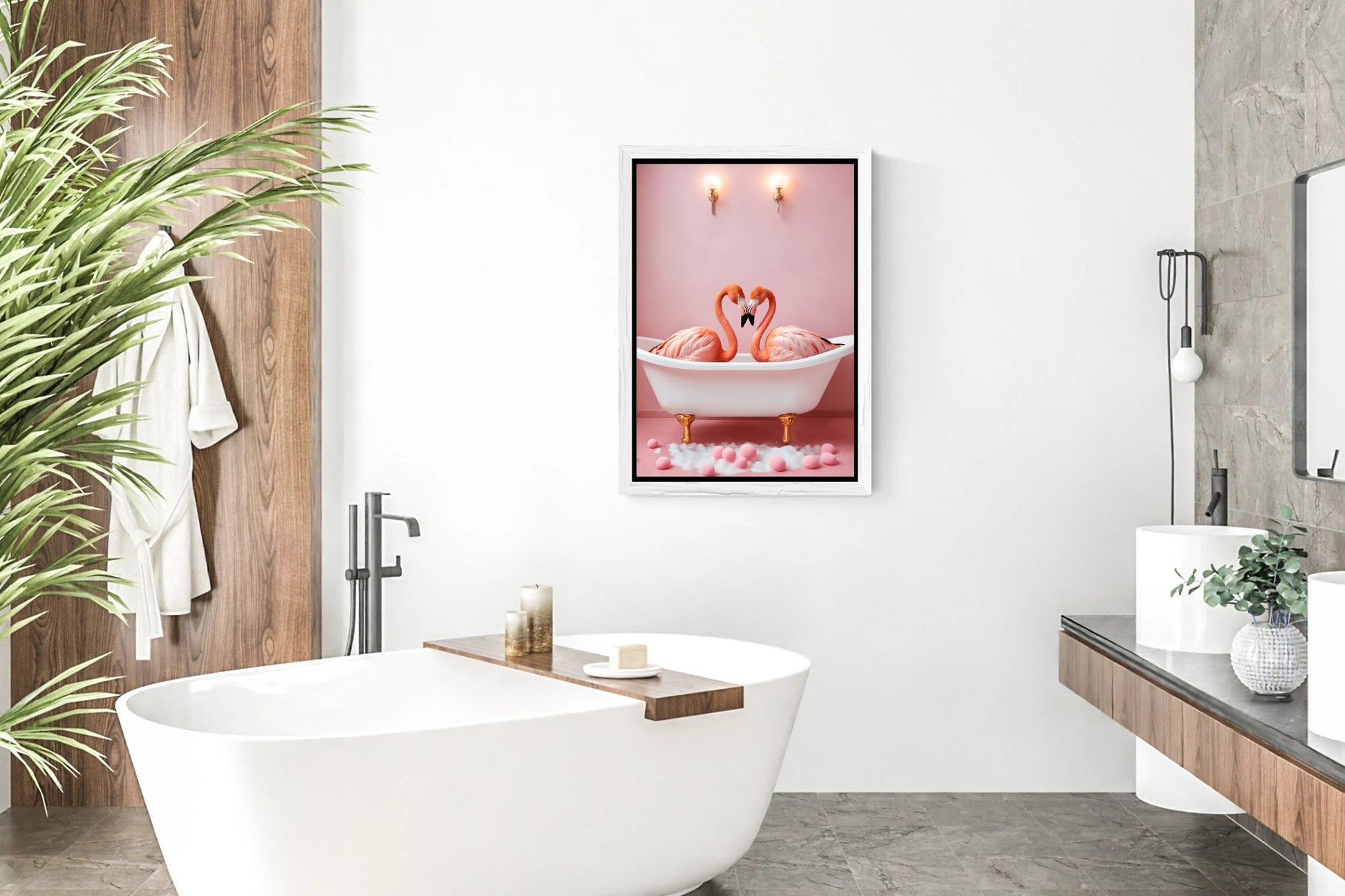 Fun wall art featuring flamingos enjoying a bath