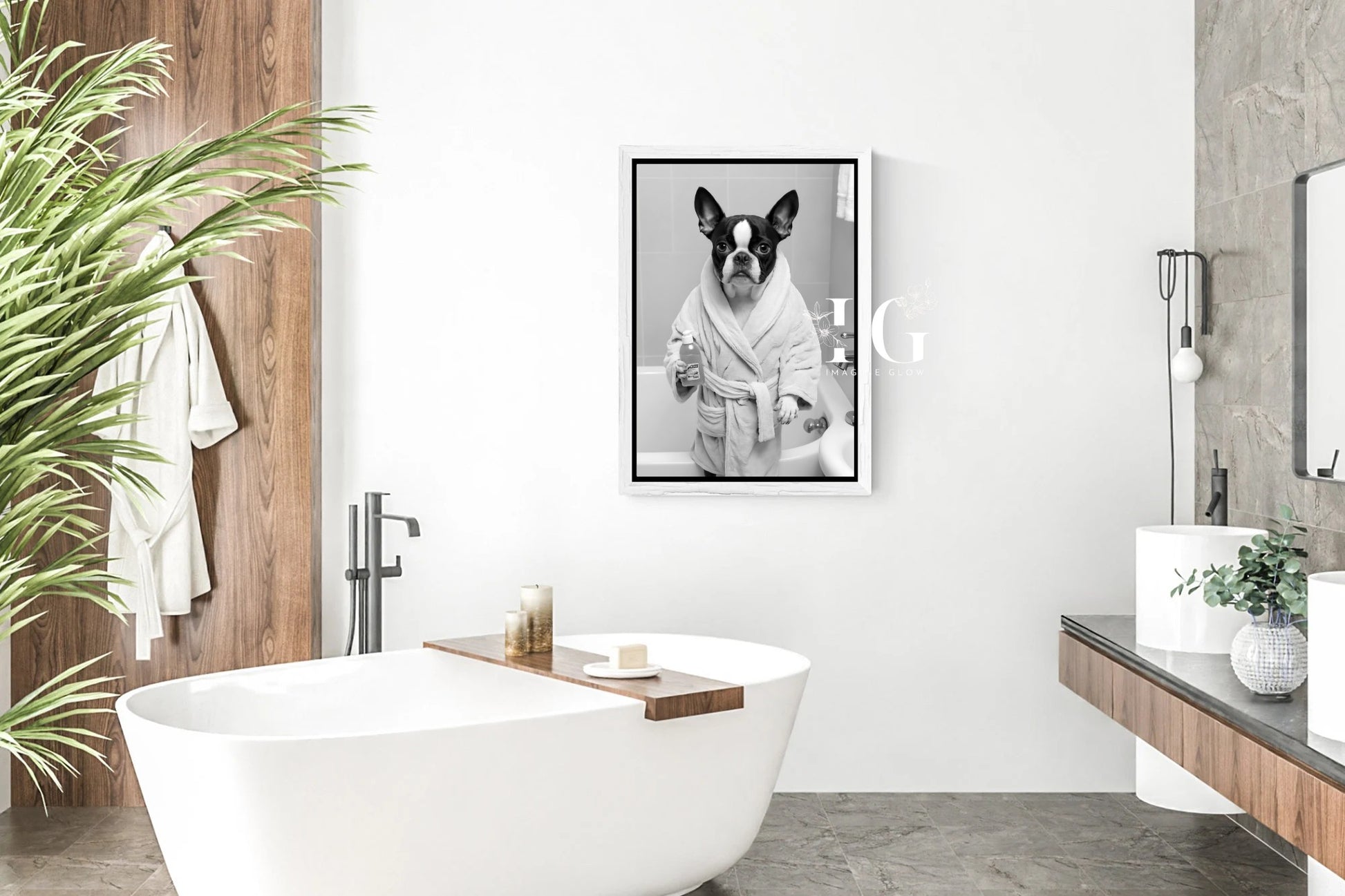 Cute Boston Terrier dog in bathrobe printable art for bathrooms.