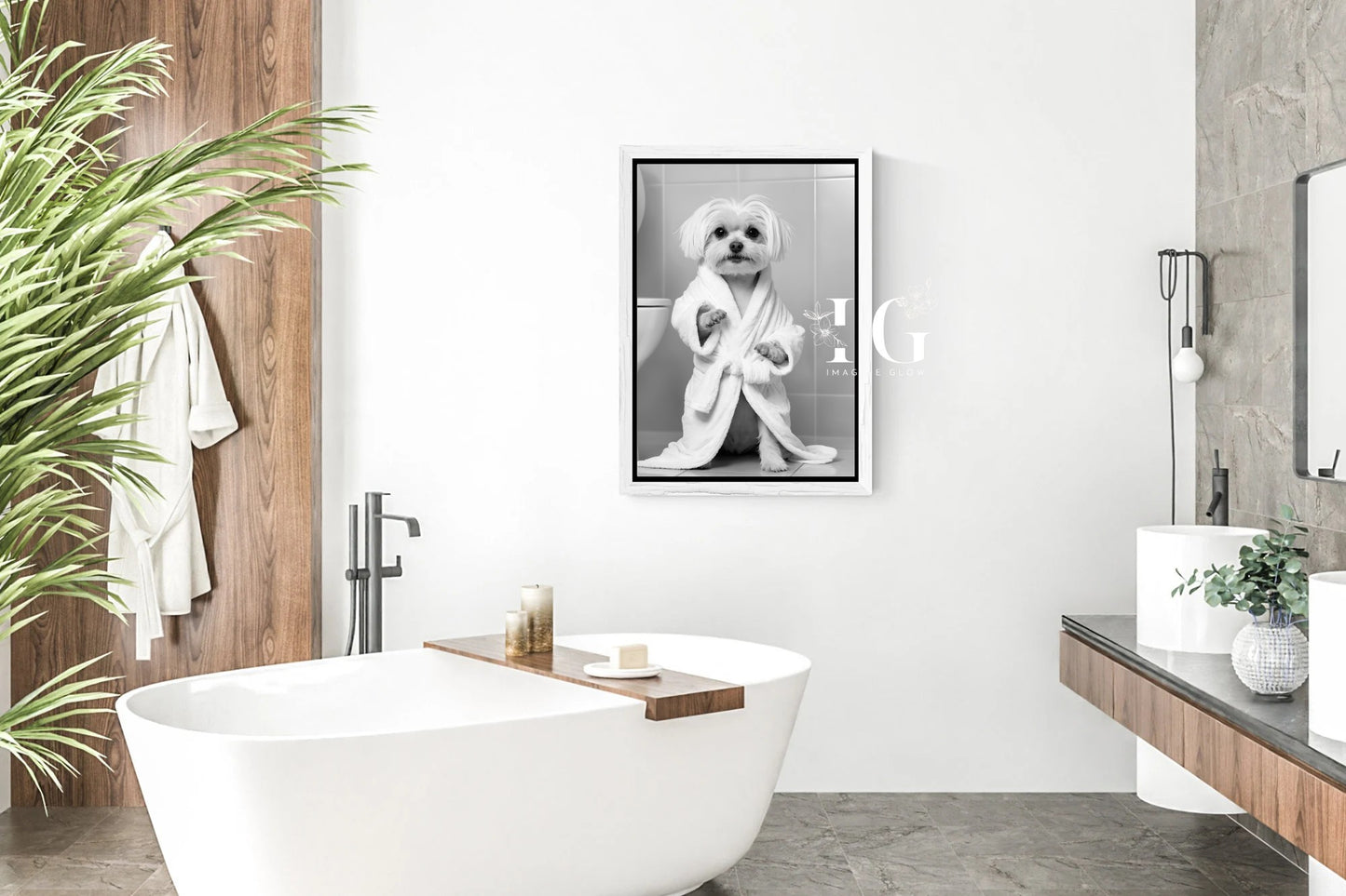 Adorable bathroom wall art with a playful Maltese wrapped in a robe