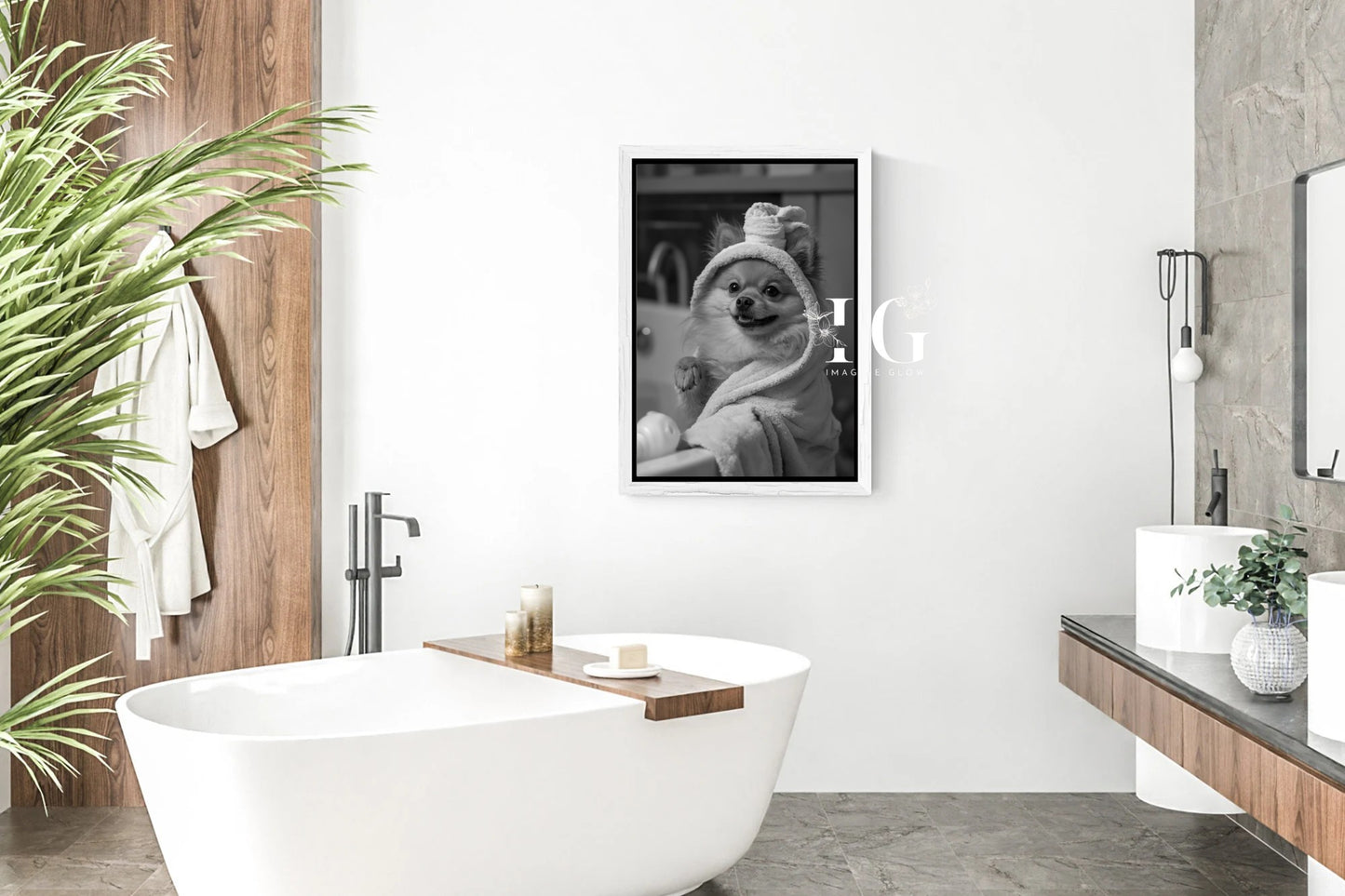 Printable wall art of a Pomeranian in bathrobe for fun bathroom decor