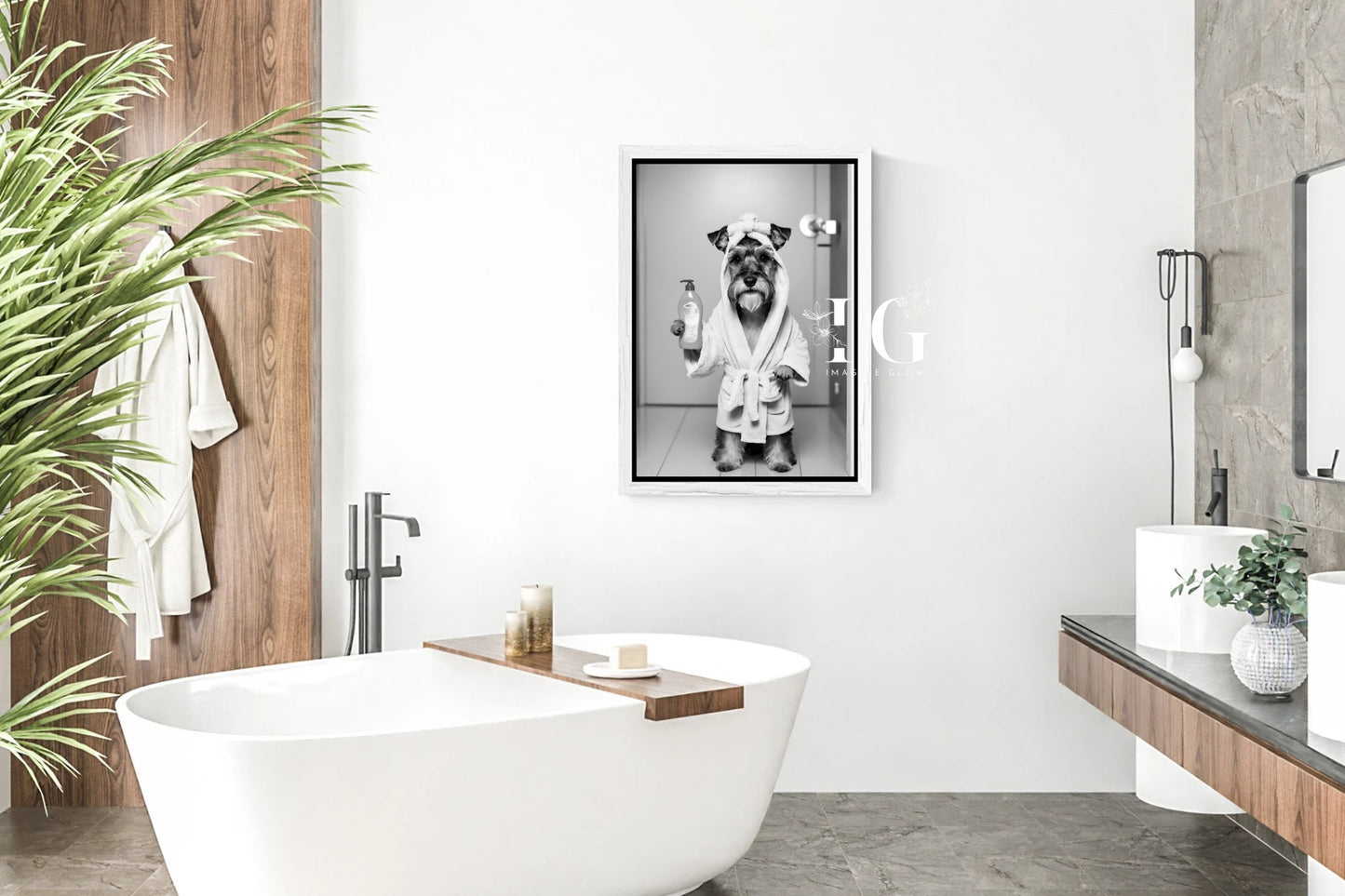 Printable wall art of a Schnauzer dog in a bathrobe for fun bathroom decor