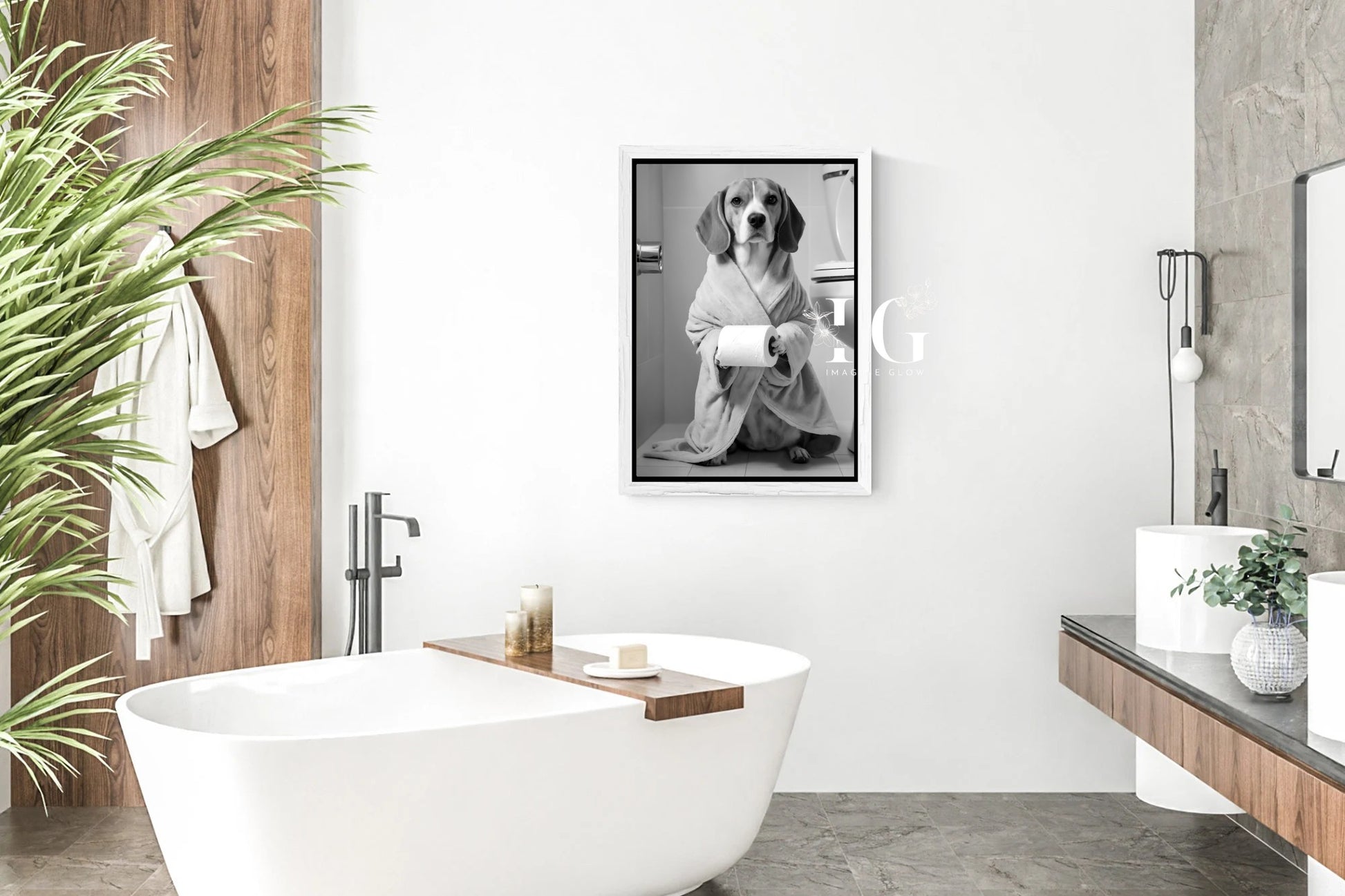 Playful Beagle dog in bathrobe design for bathroom wall decor.